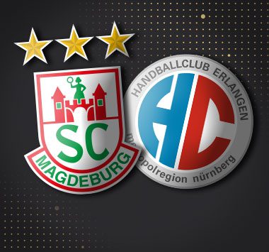 Spielankündigung in der Handball-Bundesliga: Vereinslogos des SC Magdeburg und des HC Erlangen.