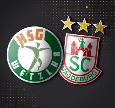 Spielankündigung in der Handball-Bundesliga: Vereinslogos der HSG Wetzlar und des SC Magdeburg.