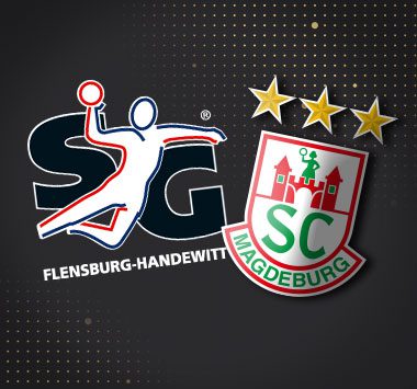 Spielankündigung in der Handball-Bundesliga: Vereinslogos der SG Flensburg-Handewitt und des SC Magdeburg.