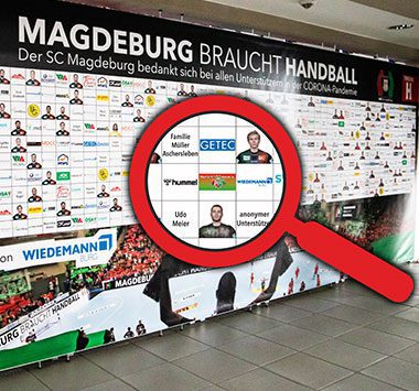 Übersichtsgrafik zur SCM-Unterstützeraktion „Magdeburg braucht Handball“ mit Sponsorenwand.