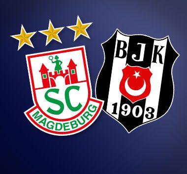 Spielankündigung in der European League: Vereinslogos des SC Magdeburg und von Beşiktaş Istanbul.
