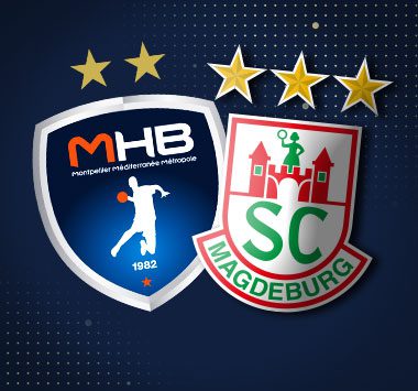 Spielankündigung in der European League: Vereinslogos von Montpellier HB und dem SC Magdeburg.