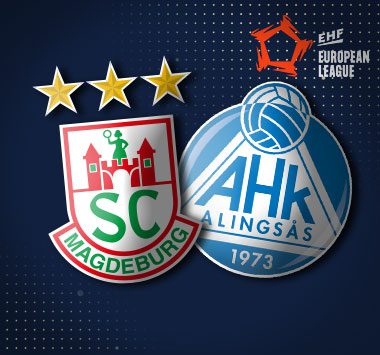 Spielankündigung in der European League: Vereinslogos des SC Magdeburg und von Alingsås HK.