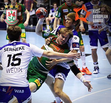 SCM-Spieler Magnus Gullerud im intensiven Offensivzweikampf gegen Alingsås HK.