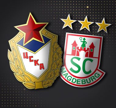 Spielankündigung in der European League: Vereinslogos von ZSKA Moskau und dem SC Magdeburg.