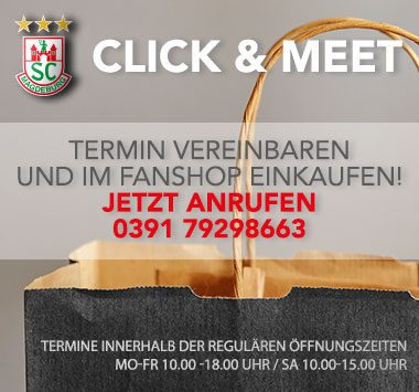 Ankündigungs-Grafik für Click & Meet im Fanshop des SC Magdeburg.