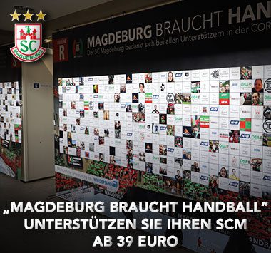 Aufruf-Grafik mit einer Sponsorenwand zur SCM-Unterstützeraktion „Magdeburg braucht Handball“ ab 39 Euro.