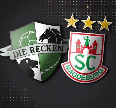Spielankündigung in der Handball-Bundesliga: Vereinslogos der TSV Hannover-Burgdorf und des SC Magdeburg.