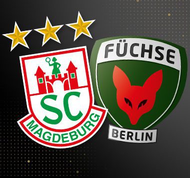 Spielankündigung in der Handball-Bundesliga: Vereinslogos der Füchse Berlin und des SC Magdeburg.