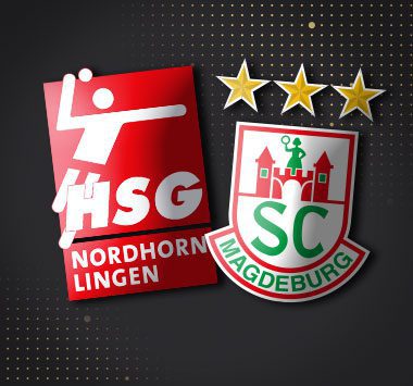 Spielankündigung in der Handball-Bundesliga: Vereinslogos der HSG Nordhorn-Lingen und des SC Magdeburg
