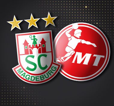 Spielankündigung in der Handball-Bundesliga: Vereinslogos des SC Magdeburg und der MT Melsungen