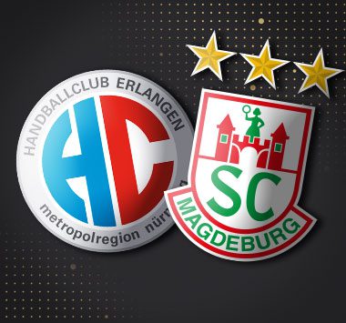 Spielankündigung in der Handball-Bundesliga: Vereinslogos des HC Erlangen und des SC Magdeburg