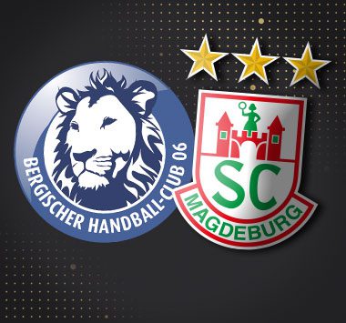 Spielankündigung in der Handball-Bundesliga: Vereinslogos des Bergischen HC und des SC Magdeburg.