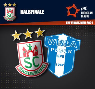 Spielankündigung im Halbfinale der EHF Finals 2021: Vereinslogos des SC Magdeburg und von Wisla Plock.