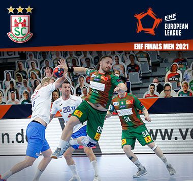 SCM-Spieler Moritz Preuss (Nr. 95) in der Abwehr im Halbfinale der EHF Finals 2021 gegen Wisla Plock.
