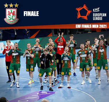 Finale-Ankündigungsgrafik zu den EHF Finals 2021 mit der versammelten Mannschaft des SC Magdeburg.