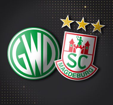 Spielankündigung in der Handball-Bundesliga: Vereinslogos von GWD Minden und dem SC Magdeburg.