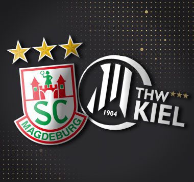 Ankündigungsgrafik mit den Vereinslogos des SC Magdeburg und des THW Kiel auf dunklem Hintergrund.