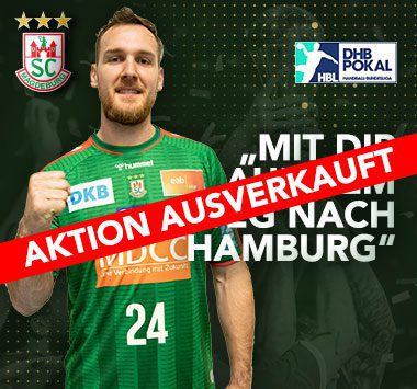 Ankündigungsgrafik mit Christian O'Sullivan im grünen SCM-Trikot (Nummer 24), überlagert von einem roten Balken mit dem Text „Aktion ausverkauft“.