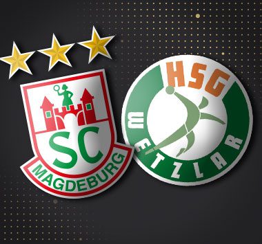 Ankündigungsgrafik mit den Vereinslogos des SC Magdeburg und der HSG Wetzlar auf einem dunkelgrauen, gemusterten Hintergrund.