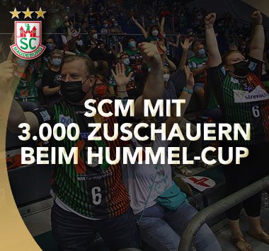 Ankündigungsgrafik mit jubelnden SCM-Fans auf der Tribüne und dem Text „SCM mit 3.000 Zuschauern beim Hummel-Cup“.