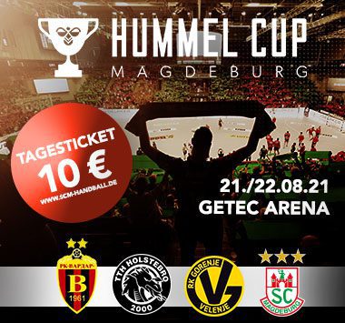 Ankündigungsgrafik für den Hummel Cup am 21. und 22.08.21 in der GETEC Arena mit den Logos der vier teilnehmenden Vereine.