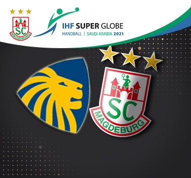 Logos von Sydney Uni HC und SC Magdeburg mit dem IHF Super Globe-Logo.