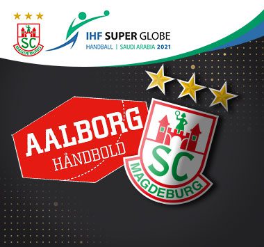 Logos von Aalborg Håndbold und SC Magdeburg mit dem IHF Super Globe-Logo.