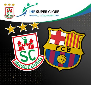 Logos von FC Barcelona und SC Magdeburg mit dem IHF Super Globe-Logo.