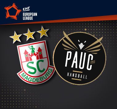 Logos von SC Magdeburg und PAUC Handball mit dem EHF European League-Logo.
