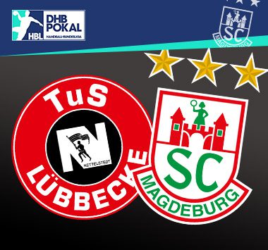 Logos von SC Magdeburg und TuS N-Lübbecke mit dem DHB-Pokal Logo.