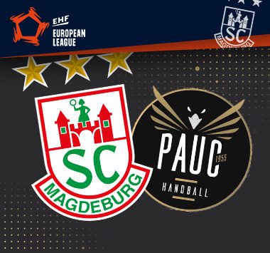Logos von SC Magdeburg und PAUC Handball mit dem EHF European League-Logo.