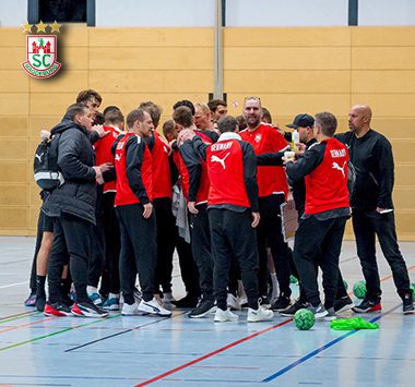 Handballspieler und Trainer der Nationalmannschaft versammeln sich im Kreis in der Halle zu einer Besprechung.