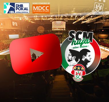 Grafik mit dem roten YouTube-Logo und dem SCM-Fan-Logo „SCM hussa – alles online“ über einer Hallenansicht.
