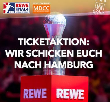 Werbegrafik mit der DHB-Pokaltrophäe und dem Text „Ticketaktion: Wir schicken euch nach Hamburg“.