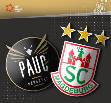 Die Vereinslogos des SC Magdeburg und von PAUC Handball