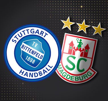 Spielankündigung in der Handball-Bundesliga: Vereinslogos des TVB Stuttgart und des SC Magdeburg.