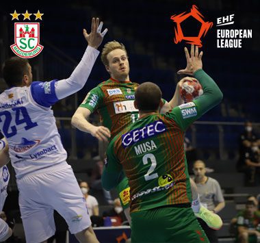 SCM-Spieler Ómar Ingi Magnússon und Željko Musa im Zusammenspiel am Kreis gegen Bitola.