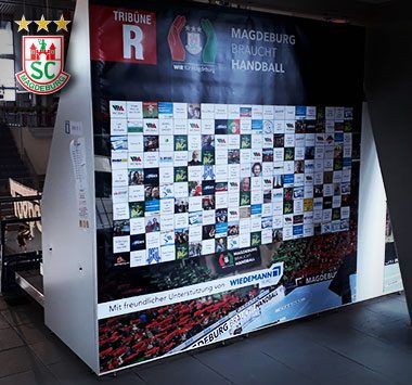 Aufgestellte Unterstützerwand der SCM-Aktion „Magdeburg braucht Handball“ in der GETEC Arena.