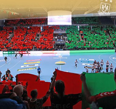 Fans auf den vollbesetzten Tribünen der GETEC Arena schwenken grün-rote Flaggen des SC Magdeburg.