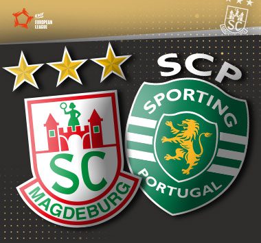 Die Vereinslogos des SC Magdeburg und von Sporting CP Lissabon