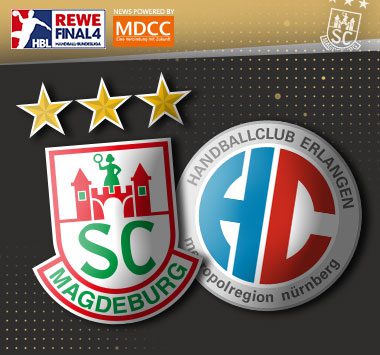 Die Vereinslogos des SC Magdeburg und von HC Erlangen [DHB-Pokal]