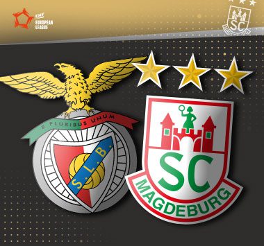 Die Vereinslogos des SC Magdeburg und von Benfica Lissabon