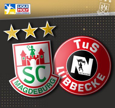 Die Vereinslogos des SC Magdeburg und von TuS N-Lübbecke