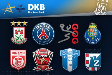 Übersichtsgrafik der EHF Champions League mit den Vereinslogos der gegnerischen Teams des SC Magdeburg.