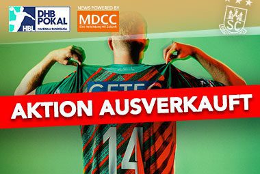 Ankündigungsgrafik des SC Magdeburg mit dem großen roten Banner „AKTION AUSVERKAUFT“.