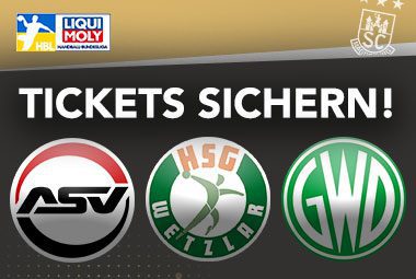 Ankündigungsgrafik des SC Magdeburg mit der Aufschrift „TICKETS SICHERN!“ und drei gegnerischen Vereinslogos.