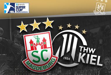 Vereinslogos des SC Magdeburg gegen THW Kiel [Pixum Super Cup]