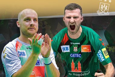 Philipp Weber jubelt emotional im grün-roten SCM-Trikot neben Daniel Pettersson.