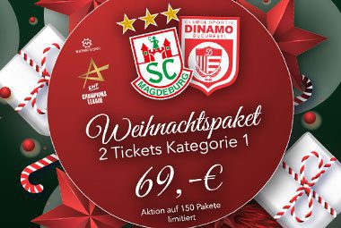 Werbegrafik für das SCM-Weihnachtspaket mit 2 Tickets der Kategorie 1 für 69 Euro.